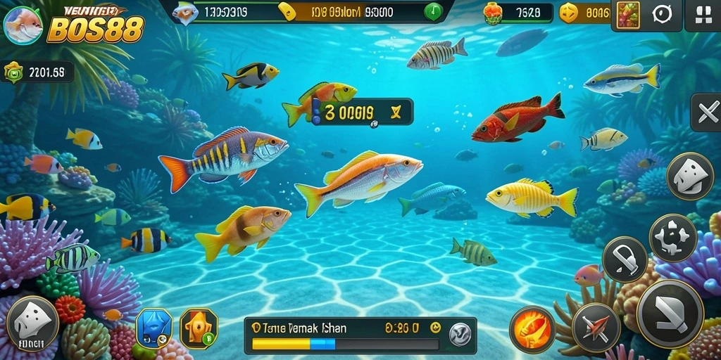 Tampilan gameplay <strong>BOS88</strong> yang seru saat menembak ikan.