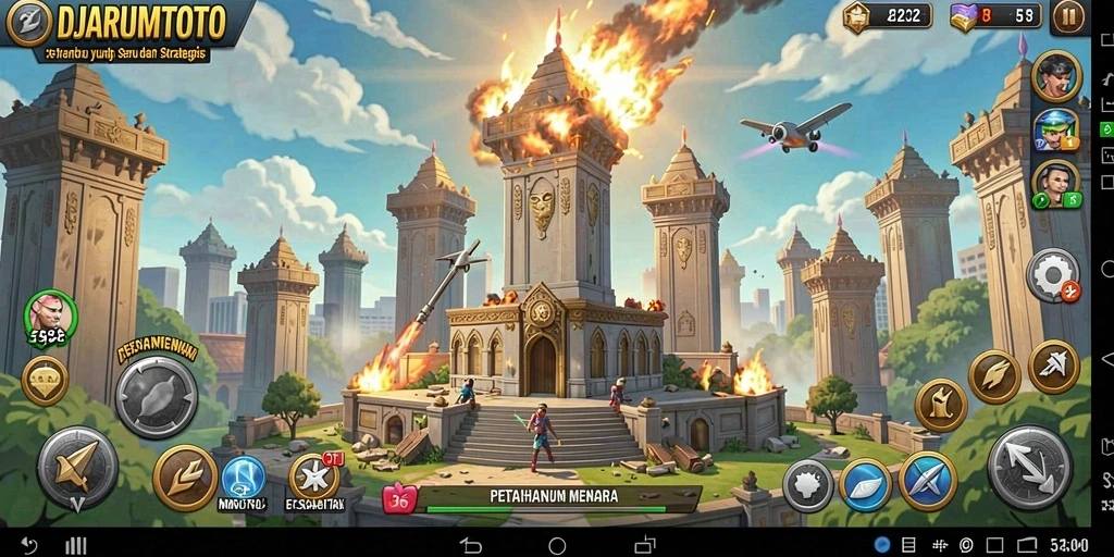 Screenshot gameplay DJARUMTOTO yang menunjukkan aksi pertahanan menara yang intens.