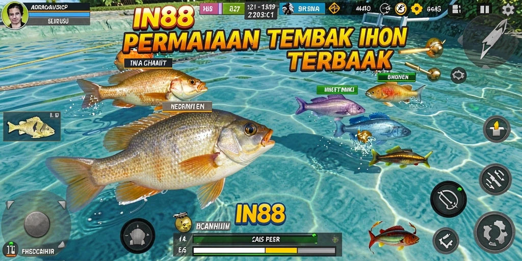 Screenshot menunjukkan pemain menangkap ikan dengan senjata canggih.