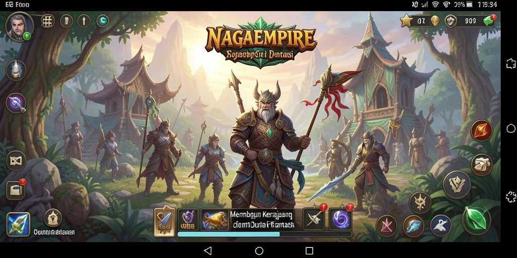 Screenshot gameplay NAGAEMPIRE menampilkan pertarungan epik dan pengelolaan kerajaan.
