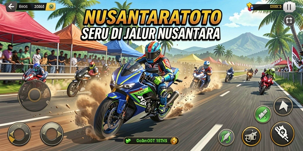 Tangkapan layar gameplay NUSANTARATOTO menampilkan balapan motor yang intens.