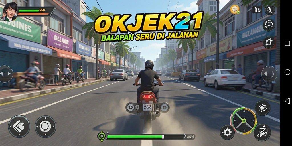 Screenshot menunjukkan gameplay menegangkan dari OKJEK21 di trek balapan.