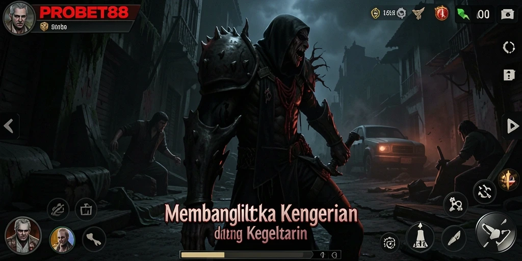 Tampak gameplay PROBET88 menampilkan suasana menyeramkan yang mencekam.